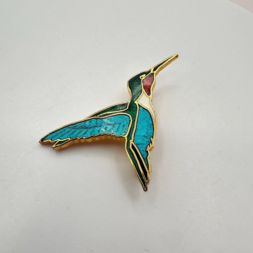 Vintage 80s Multicolor Hummingbird Pin Gold Tone Enamel Brooches‎ Retro Jewelry